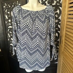 Arabella Navy & White Chevron Stripe Tie Sleeved Pull On Blouse / Top / Shirt.